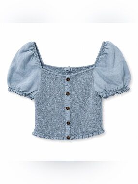 Love Tree Light Blue Chambray Smocked Puff Sleeve Crop Top Cottagecore Romantic